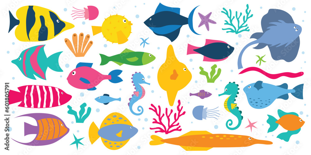 Set of sea fish, corals and algae. Isolated white background. Set from flat illustration.