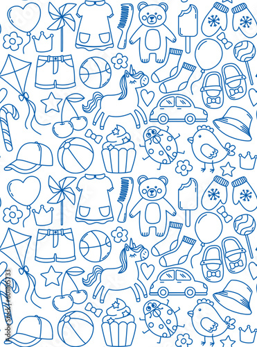 Vector line seamless pattern with different children's things. Abstract background in doodle style