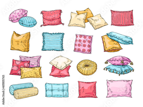 Hand drawn cozy cushions. Sketch bed pillows with textile patterns, doodle sleeping accessories vector illustration set