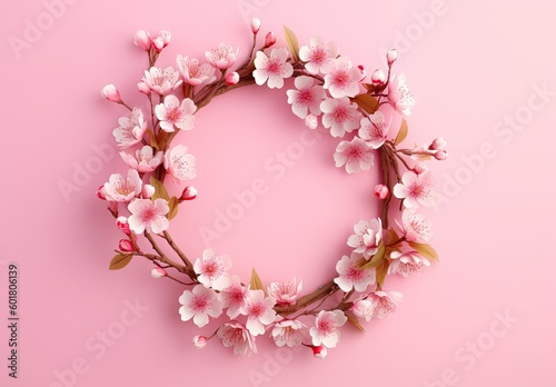 a pink flower wreath on a light pink background Generative AI