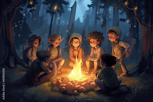 A group of children gathered around a campfire and told ghost stories (Generative AI, Generativ, KI) photo