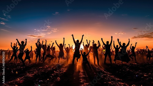 People dance and jump in the evening sun during a festival (Generative AI, Generativ, KI) © Teppi