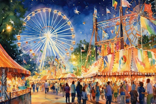 A painting of a amusement park with a Ferris wheel, lots of people, colorful lights and decorations (Generative AI, Generativ, KI)