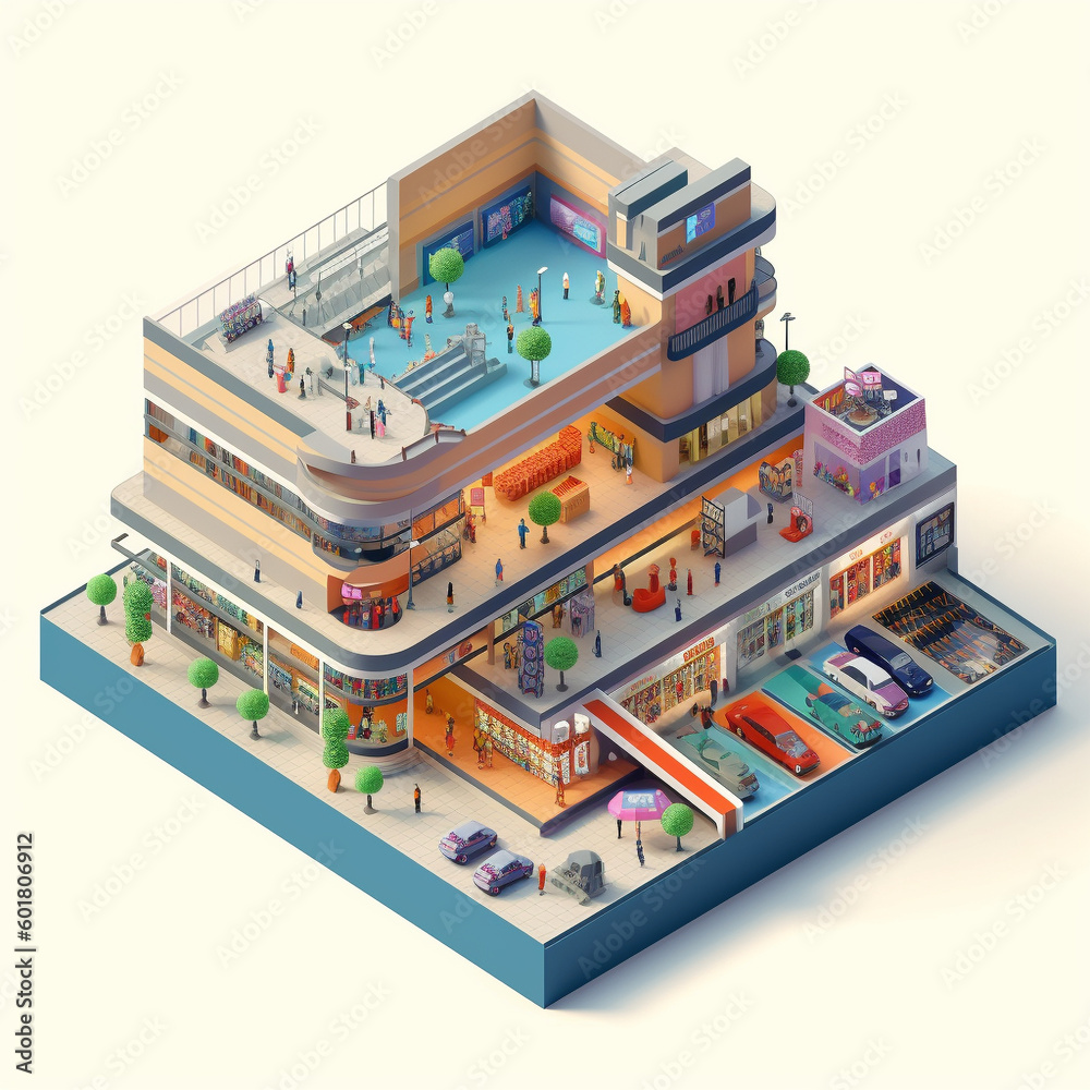 3D isometric illustration of a shopping mall created with generative AI ...