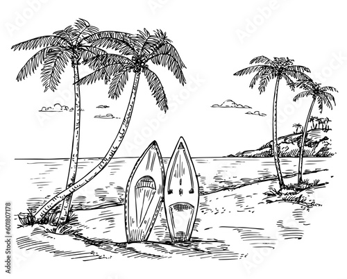 Hand drawn surf paradise. Sketch palm trees, surfboard and tropical beach vector background illustration