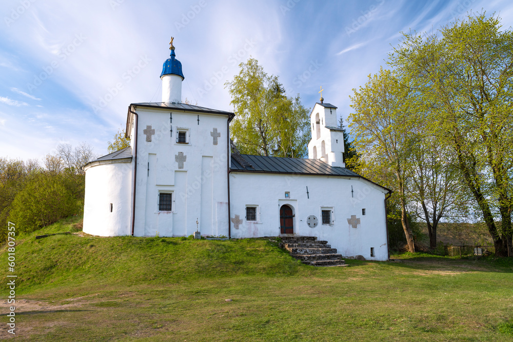 The ancient church of St. Nicholas the Wonderworker (circa 1650) on the Truvor settlement on a sunny May day. Izborsk. Pskov region, Russia