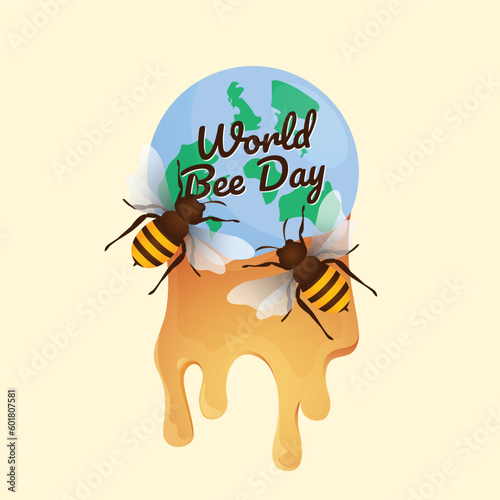 world bee day vector illustration for celebration. world bee day with globe and bee design. bee illustration. honey and bee.