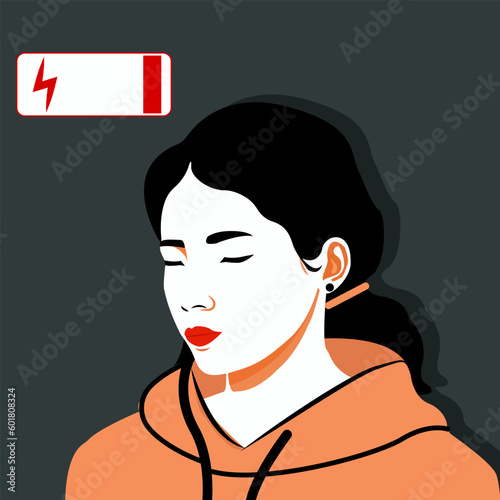 Vector illustration in a flat style, psychological problems of modern society, the concept of a girl with a syndrome of emotional burnout and mental exhaustion.