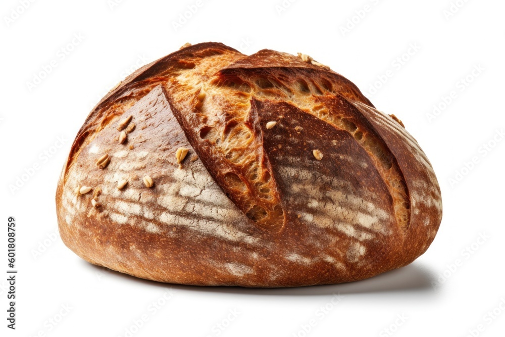  A freshly baked loaf of rustic bread, with a golden and crusty exterior, and a soft, warm interior, isolated on a white background, generative ai - obrazy, fototapety, plakaty 