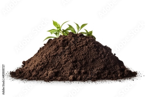 Pile of fertile, enriched topsoil, ideal for planting and promoting healthy plant growth, isolated on a white background, generative ai