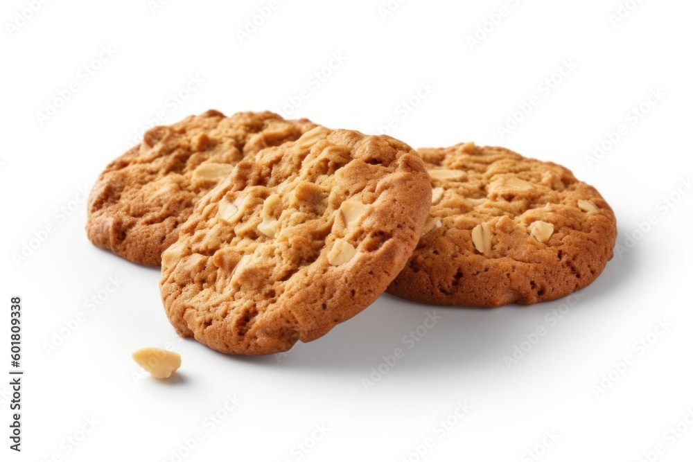 Closeup of freshly baked oatmeal cookies, highlighting their warm, golden-brown texture and delicious, homemade taste, isolated on a white background, generative ai - obrazy, fototapety, plakaty 