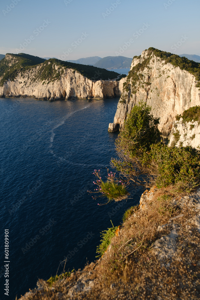 beautiful sunset landscape with stone cliffs and sea. Ionian islands of Greece, Lefkada.
