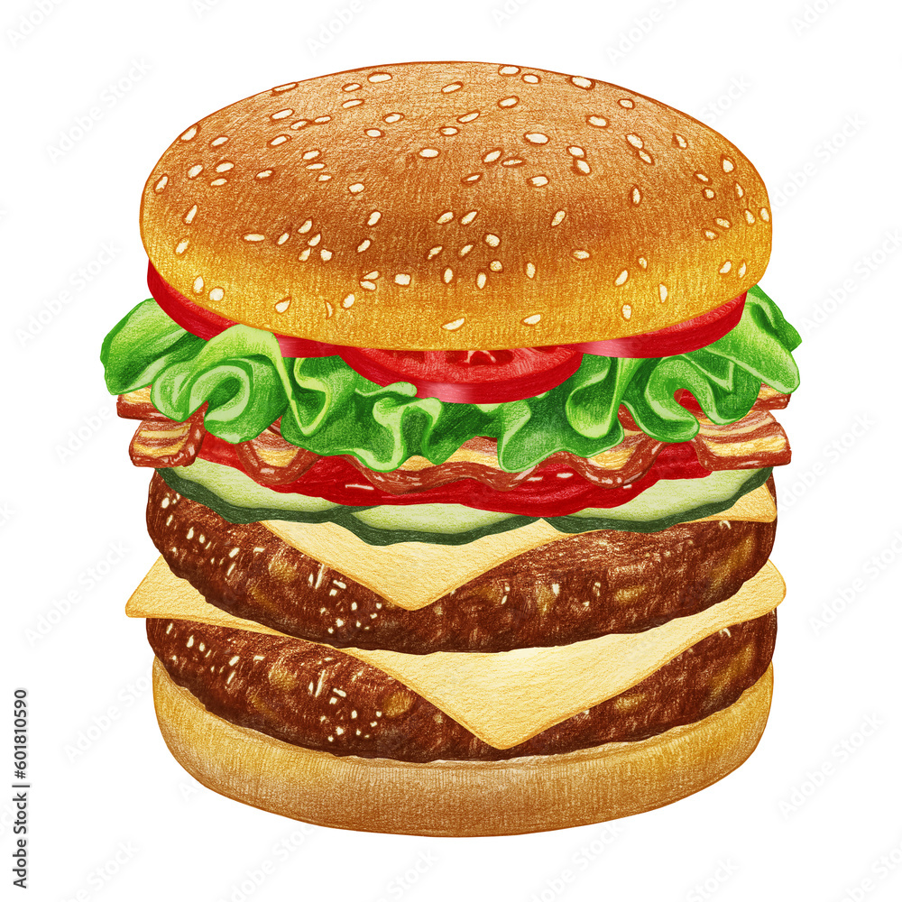 Double Cheeseburger. Hand-drawn illustration, digitally colored. Double Cheeseburger. Hand-drawn illustration, digitally colored.