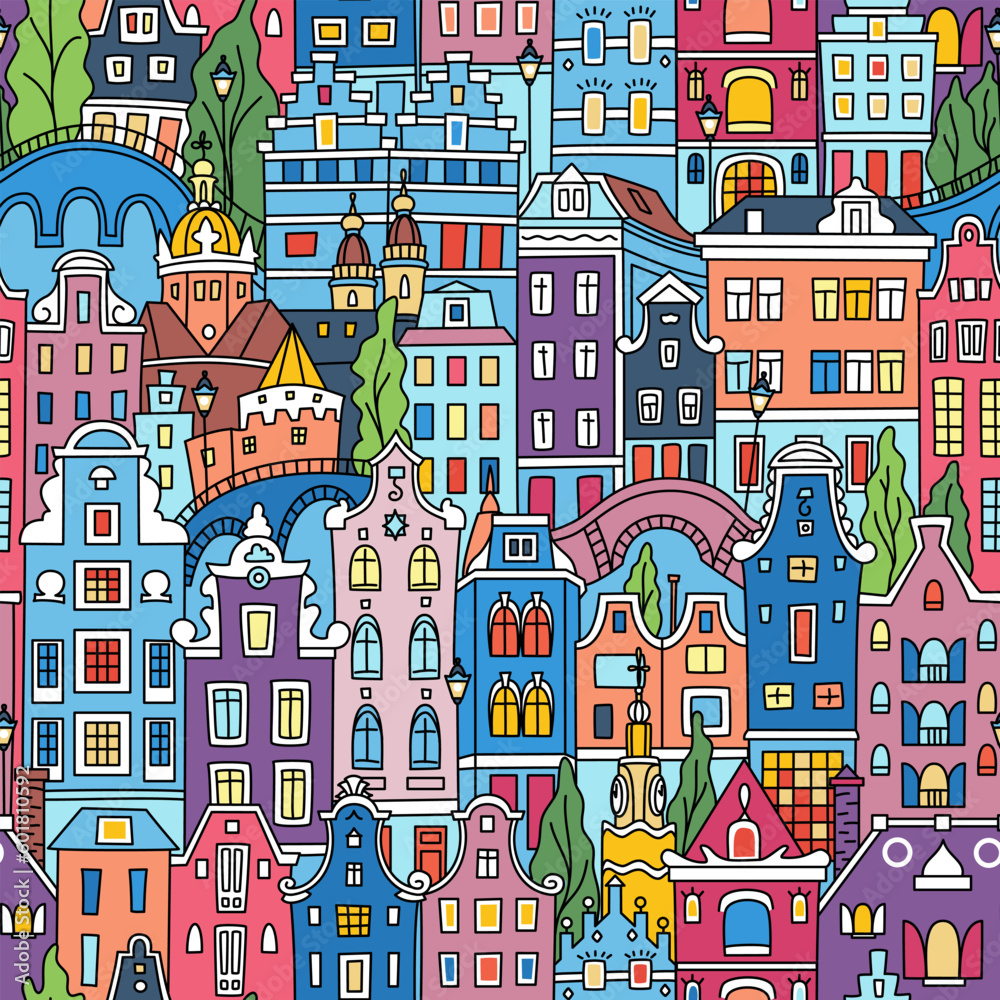 Seamless pattern with colorful Amsterdam typical dutch houses, Holland, Netherlands