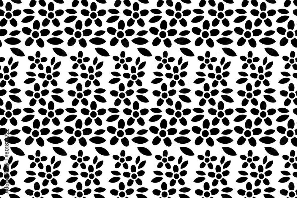 Abstract floral seamless pattern. Black and white stylized, decorative design. Endless repeating monochrome pattern with flat floral design elements.