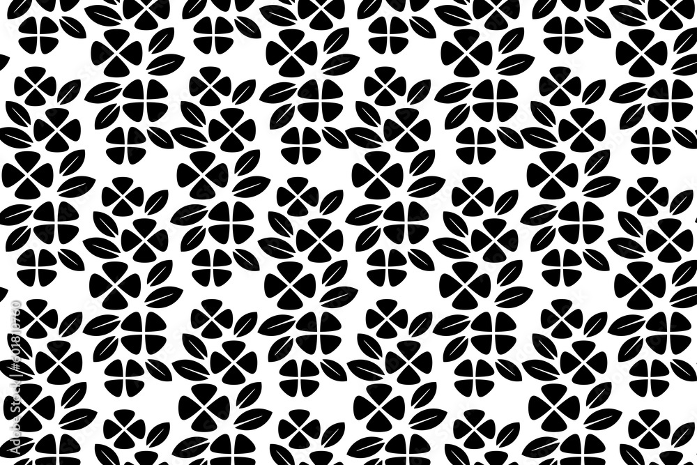 Abstract floral seamless pattern. Black and white stylized, decorative design. Endless repeating monochrome pattern with flat floral design elements.