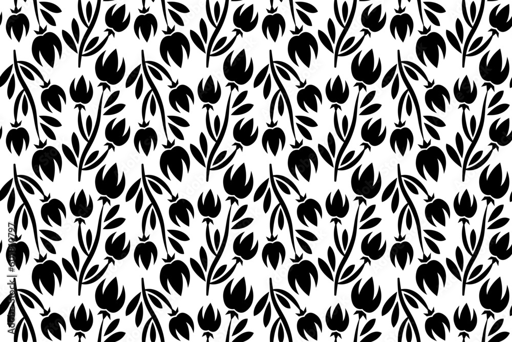 Abstract floral seamless pattern. Black and white stylized, decorative design. Endless repeating monochrome pattern with flat floral design elements.