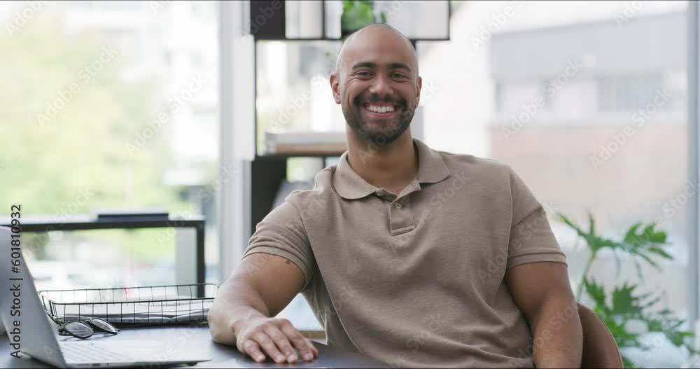 Laptop, smile and face of business man in office for research, technology or communication. Internet, contact and website with portrait of male employee at desk for productivity, connection and email Laptop, smile and face of business man in office for research, technology or communication. Internet, contact and website with portrait of male employee at desk for productivity, connection and email