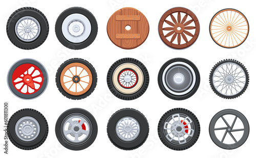 Cartoon transport wheel. Sport car tires, vintage wooden cart, old train and bicycle wheels vector elements set photo