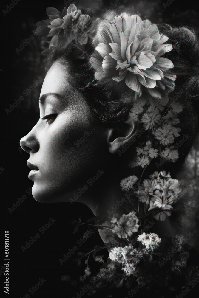 Generative AI illustration of side view of graceful young female and flowers on head against black background background