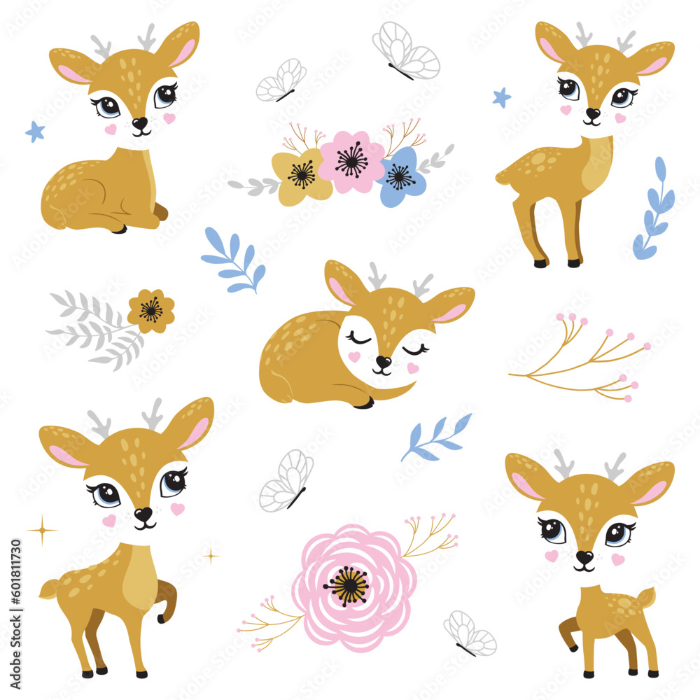 Obraz premium Deer cute portrait poster logo kids room decor t-shirt design print nursery eyes nose little sweet art room decor wall design abstract inspiration sketch nature wildlife baby shower reindeer sticker
