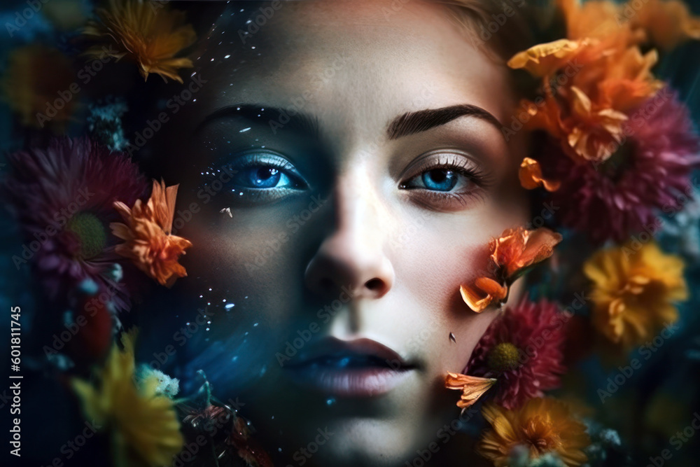 Generative AI illustration of gracious young female model with fresh daisies in curly blond hair and blue eyes looking at camera in daylight Generative AI illustration of gracious young female model with fresh daisies in curly blond hair and blue eyes looking at camera in daylight
