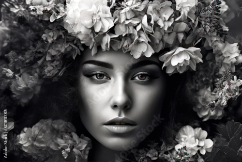 Generative AI illustration of gracious young portrait female model with fresh daisies flowers on head
