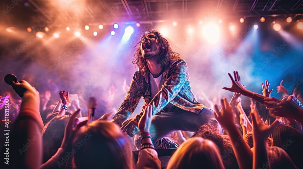 The singer of a rock band stands in the middle of the audience during