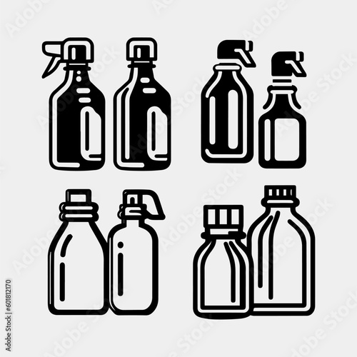 Spray bottle in doodle. Sprayer icons set in sketch. Hand drawn spray can. Doodle style