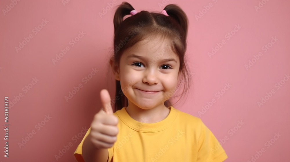 Smiling Happy little kid girl Showing thumb up. Casual clothes isolated on pink wall background studio portrait. Excited school girl. Childhood lifestyle concept. Mock-up copy space. generative ai Smiling Happy little kid girl Showing thumb up. Casual clothes isolated on pink wall background studio portrait. Excited school girl. Childhood lifestyle concept. Mock-up copy space. generative ai