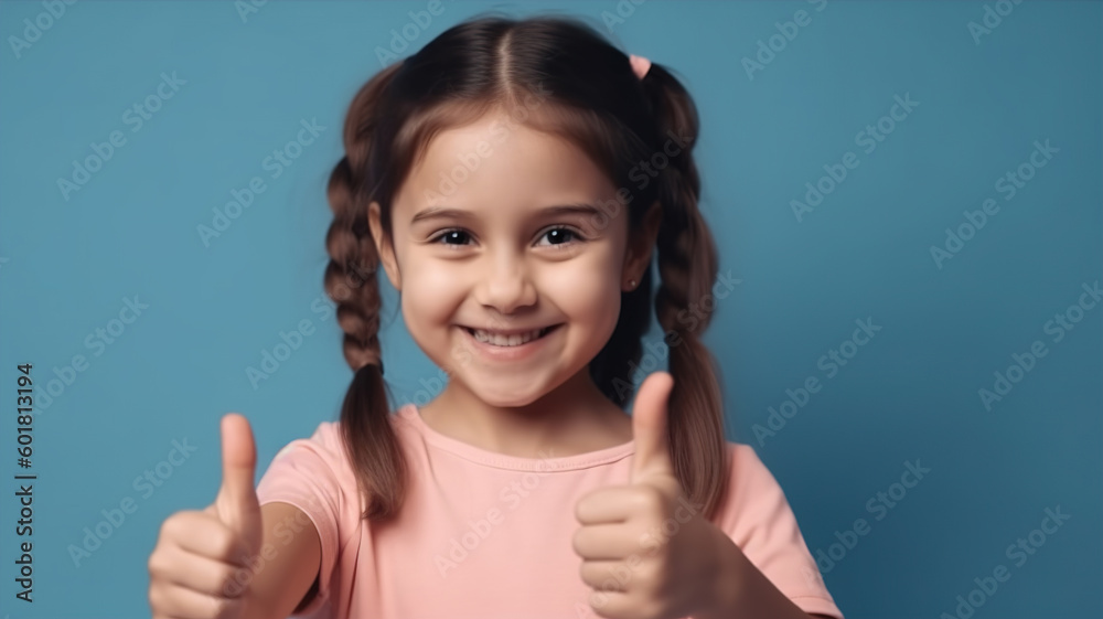 Smiling Happy little kid girl Showing thumb up. Casual clothes isolated on blue wall background studio portrait. Excited school girl. Childhood lifestyle concept. Mock-up copy space. generative ai Smiling Happy little kid girl Showing thumb up. Casual clothes isolated on blue wall background studio portrait. Excited school girl. Childhood lifestyle concept. Mock-up copy space. generative ai