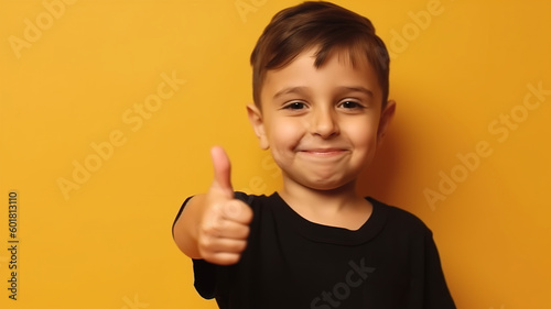 Smiling Happy little kid boy Showing thumb up. Casual clothes isolated on orange wall background studio portrait. Excited school child. Childhood lifestyle concept. Mock-up copy space. generative ai