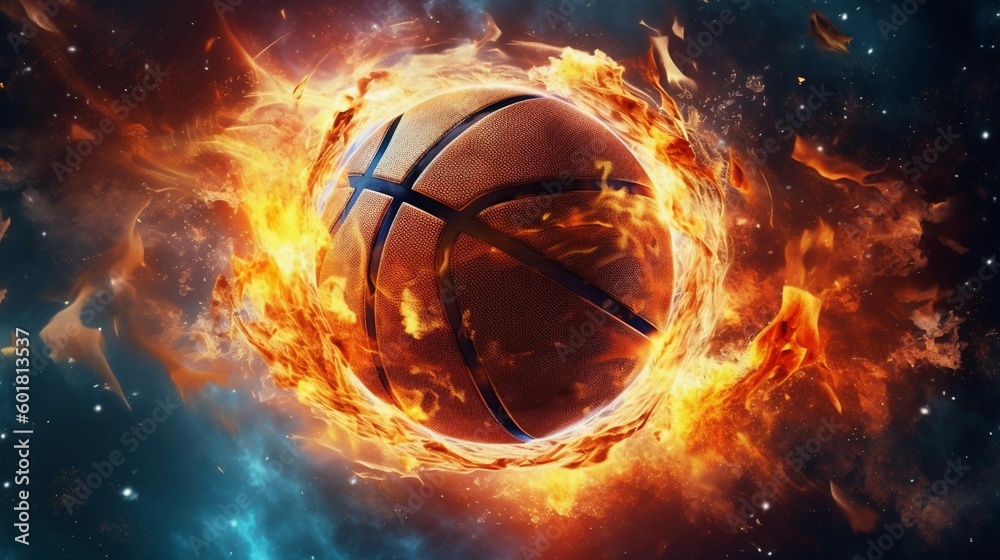 Basketball in space flying fast with fire trails. Generative ai