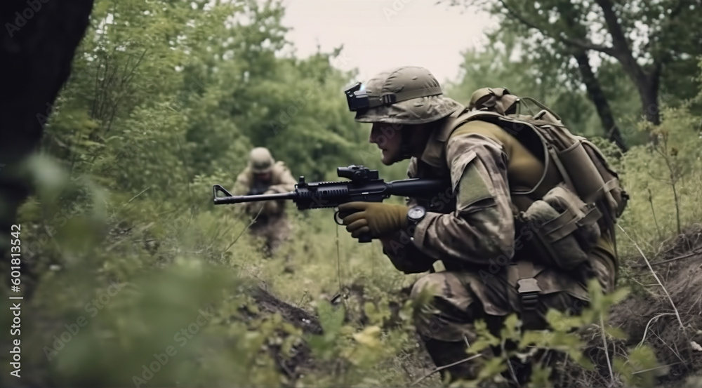 Soldier with a rifle in the woods. Ukrainian soldiers attacking enemy positions, military camouflage uniform and helmet. generative ai