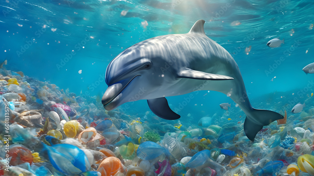 Obraz premium Sorrowful Encounter: Dolphin Navigates Plastic-Infested Waters. Generative ai