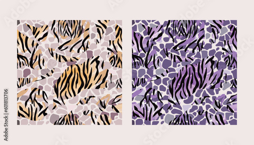 Tiger abstract  african  seamless pattern  in different colors  flat style. Modern safari animal fashion print  skin design for textile  fabric  wallpaper. Vector illustration
