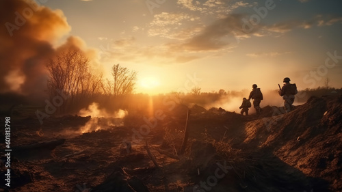 Special Forces Soldiers in Action on Smoky Battlefield at sunset, Ukrainian troops attacking hostile positions, Army Commando in Camo Uniform and Helmet in Poster Panorama. generative ai