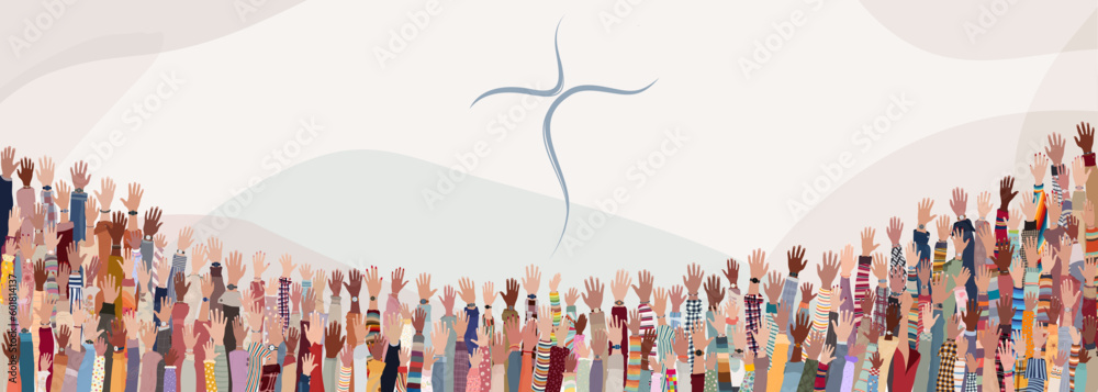 Group of many Christians people with raised hands praying or singing. Christianity in the world.Christian worship.Concept of faith and hope in Jesus Christ.Background with christian cross - obrazy, fototapety, plakaty 