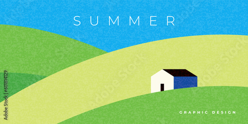 Abstract minimal summer horizontal poster, cover, card with blue sky, green fields, farm house and modern typography. Summer holidays, nature landscape illustration. Promo ads design template