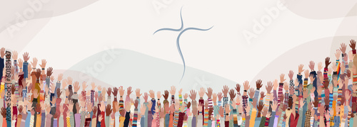 Leinwand Poster Group of many Christians people with raised hands praying or singing