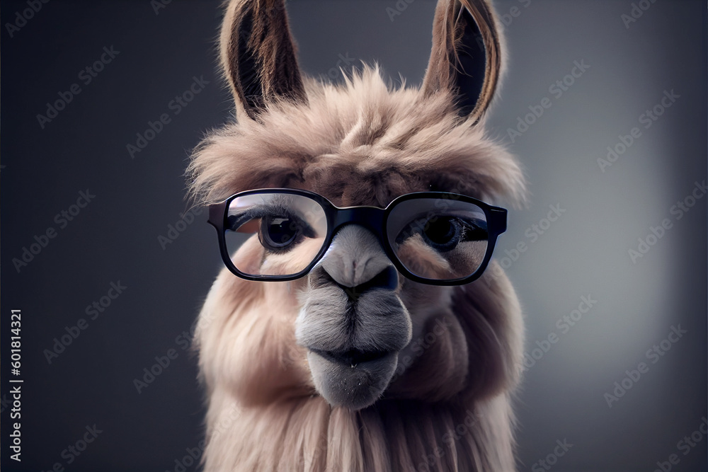 Portrait of a funny llama in glasses, generative ai illustration
