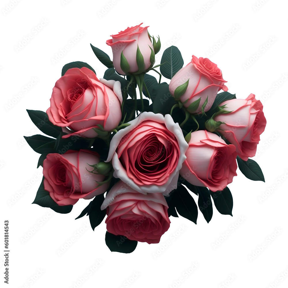 hermoso ramo de flores rosas vista aerea, con tallo y planta verde debajo, IA generativa - obrazy, fototapety, plakaty 
