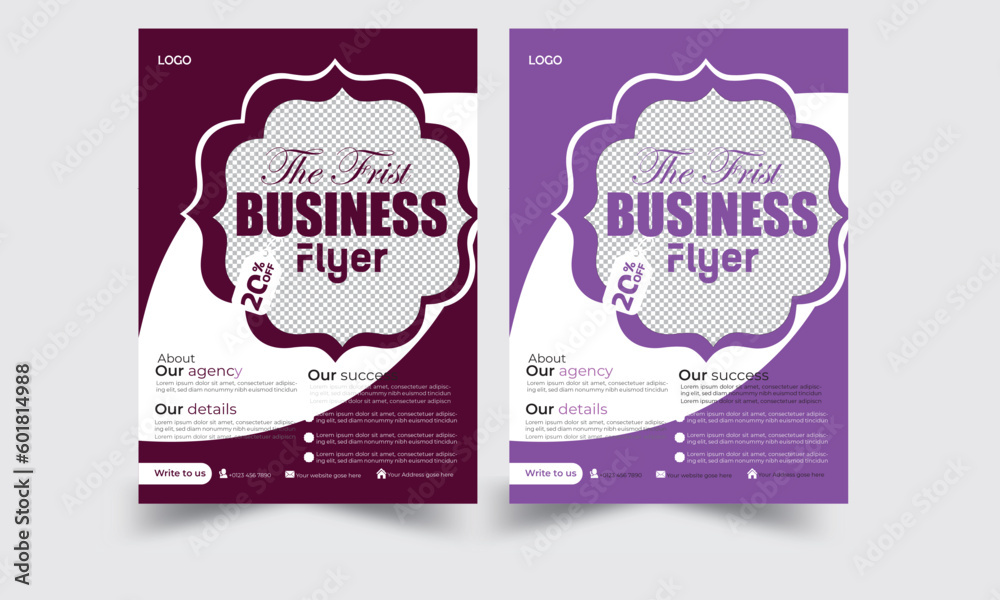 Business flyer design color purple and red background white. 