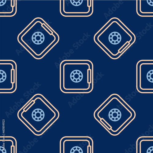 Line Safe icon isolated seamless pattern on blue background. The door safe a bank vault with a combination lock. Reliable Data Protection. Vector