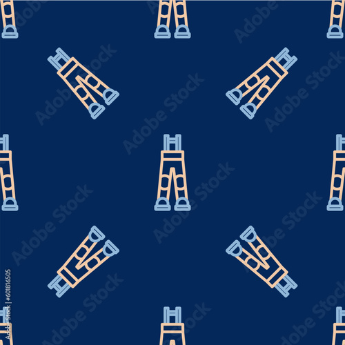 Line Fisherman rubber pants icon isolated seamless pattern on blue background. Vector