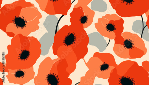 Hand drawn minimal bright abstract poppy flowers pattern. Collage contemporary print. Fashionable template for design