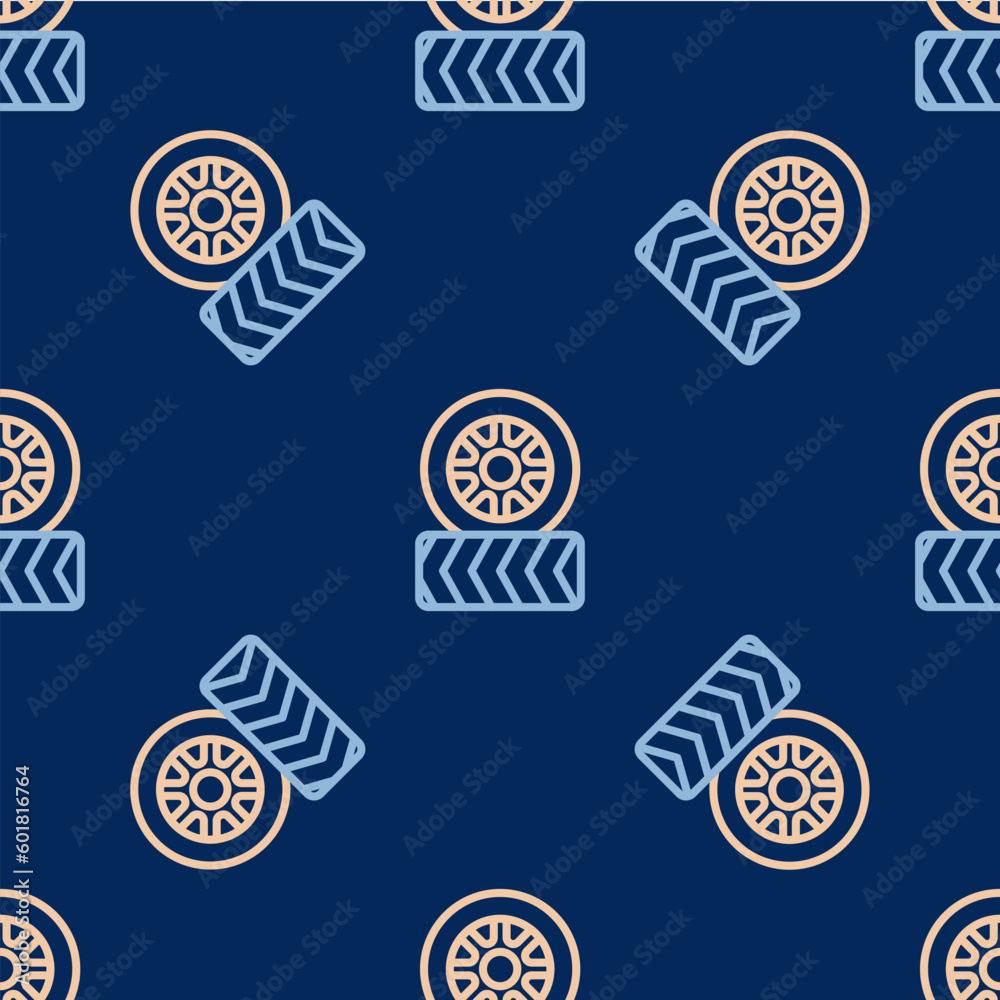 Line Car tire wheel icon isolated seamless pattern on blue background. Vector Line Car tire wheel icon isolated seamless pattern on blue background. Vector