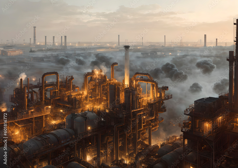Factory. Industrial enterprise. Concept of environmental pollution. Generative AI.