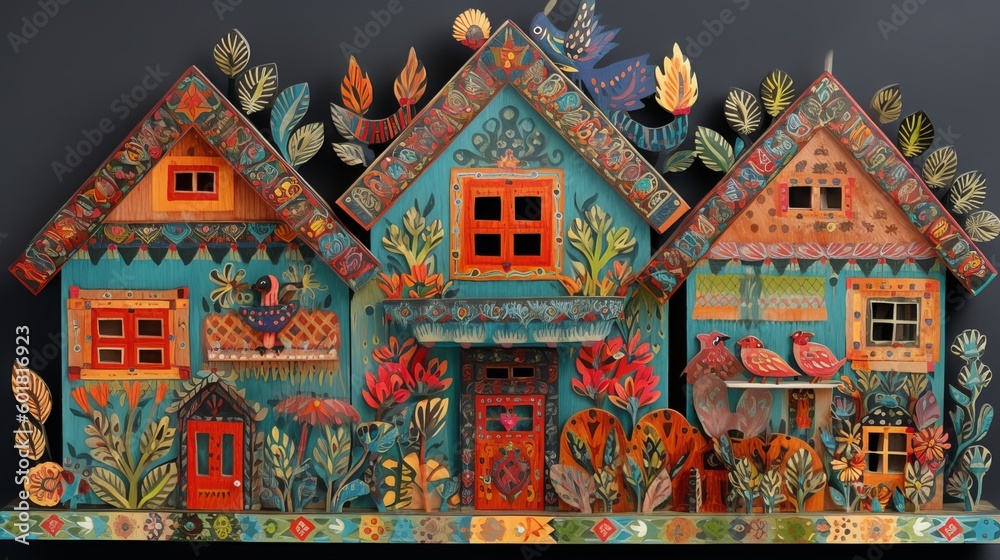 Naklejka premium A House in Folk Art Style