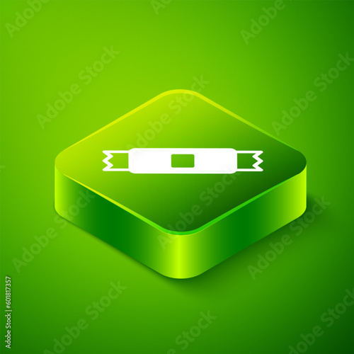 Isometric Sugar stick packets icon isolated on green background. Blank individual package for bulk food products as coffee, salt, spices. Green square button. Vector